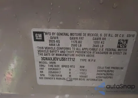 2018 Chevrolet Equinox Lt z USA, uszkodzony, nr VIN 3GNAXJEV1JS617712